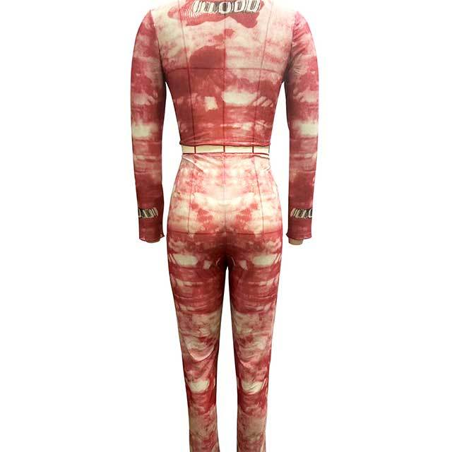 Sheer Mesh Printed O Neck Long Sleeve Tops Tight Legging Set