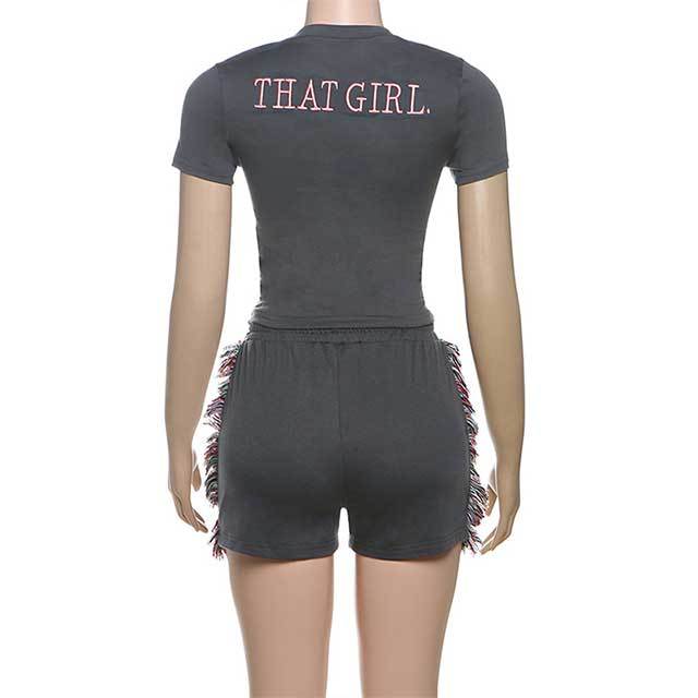 Embroidery Letters Casual Tops Tassel Short Set