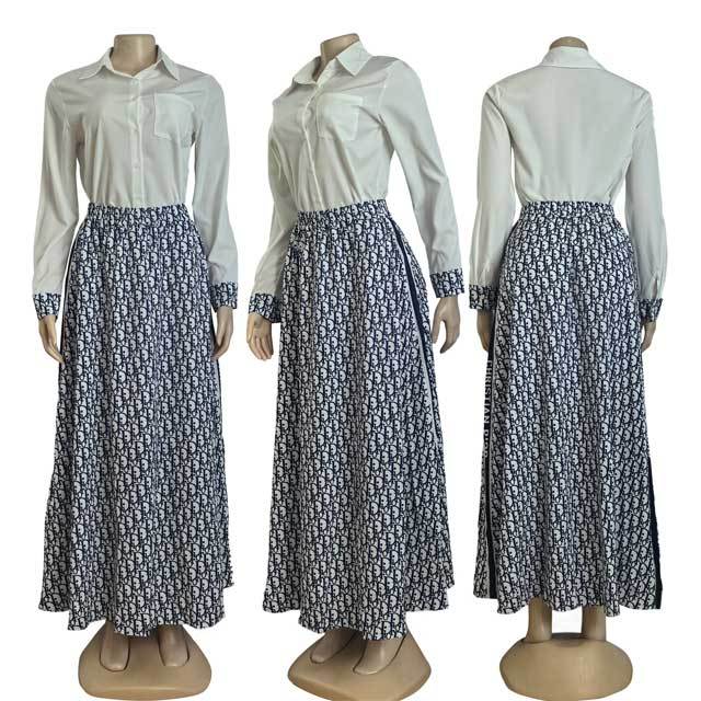 Long Sleeve Shirt Top Printed Maxi Skirt Set