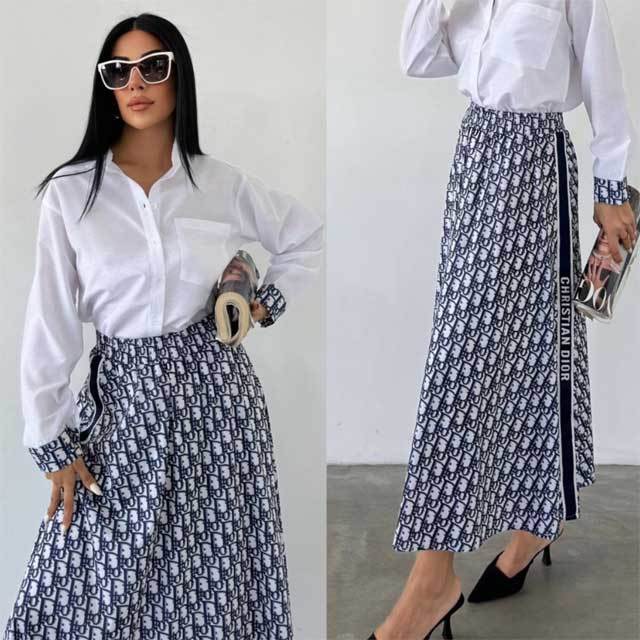 Long Sleeve Shirt Top Printed Maxi Skirt Set