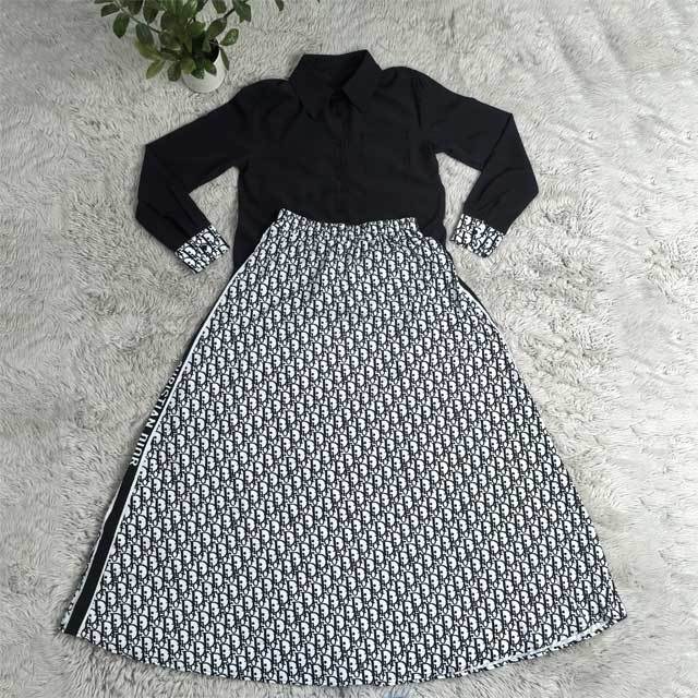 Long Sleeve Shirt Top Printed Maxi Skirt Set