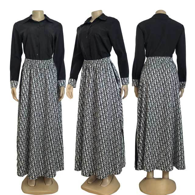 Long Sleeve Shirt Top Printed Maxi Skirt Set