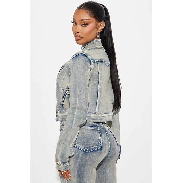 Streetwear Fashion Zipper Design Washed Denim Pant Set