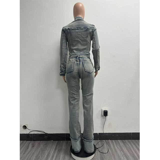 Streetwear Fashion Zipper Design Washed Denim Pant Set