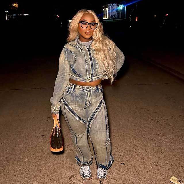 Streetwear Fashion Zipper Design Washed Denim Pant Set