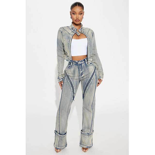 Streetwear Fashion Zipper Design Washed Denim Pant Set