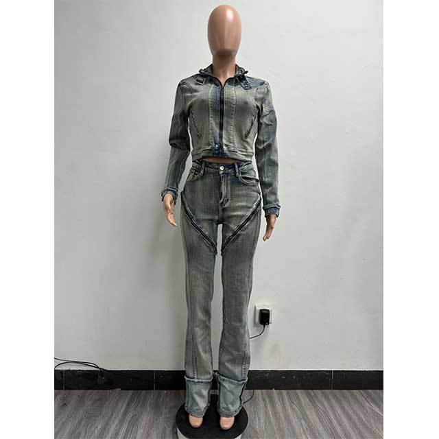 Streetwear Fashion Zipper Design Washed Denim Pant Set