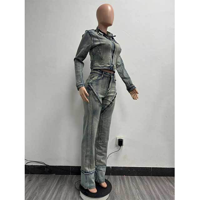 Streetwear Fashion Zipper Design Washed Denim Pant Set
