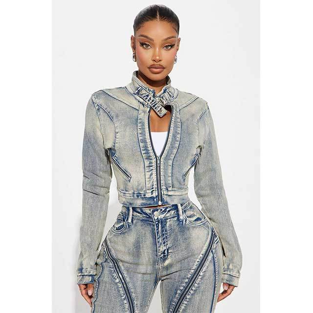 Streetwear Fashion Zipper Design Washed Denim Pant Set