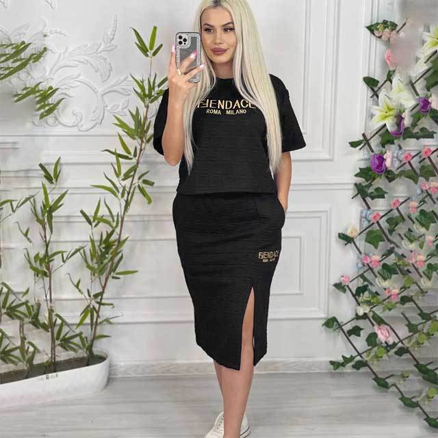 Embroidery Embossing Slit Skirt Set