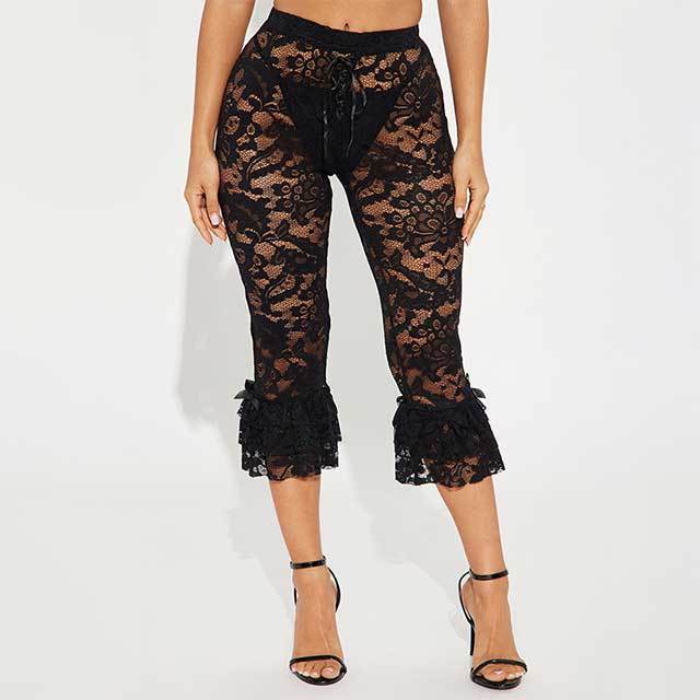 See Through Lace Ruffled Skinny Leggings