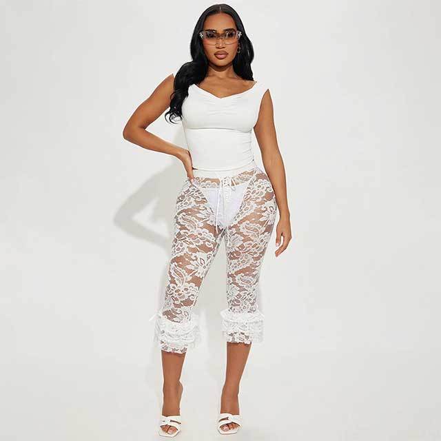 See Through Lace Ruffled Skinny Leggings
