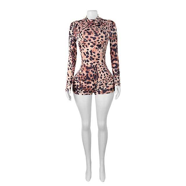Long Sleeve Leopard Printed Tight Romper