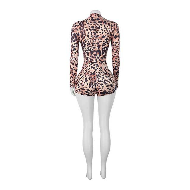 Long Sleeve Leopard Printed Tight Romper