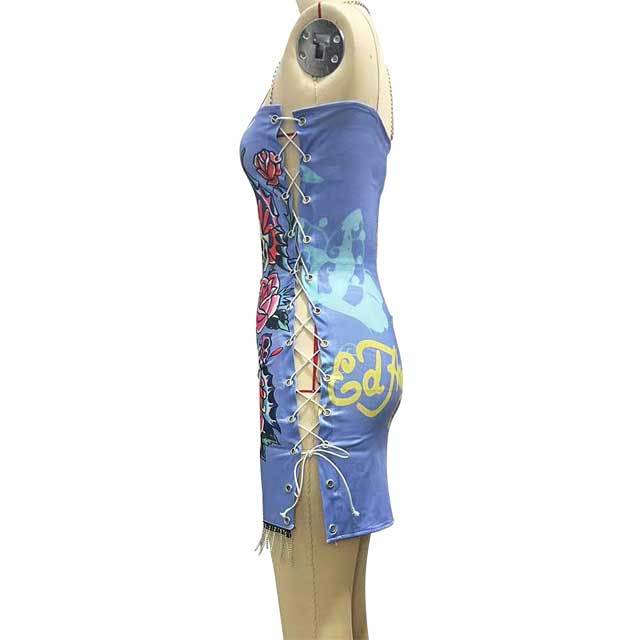 Chains Halter Neck Hollow Out Laced Up Mini Dress