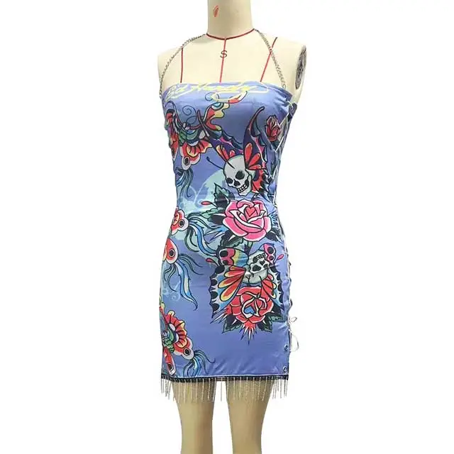 Chains Halter Neck Hollow Out Laced Up Mini Dress