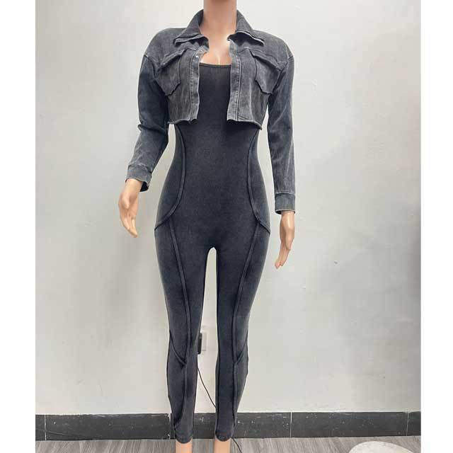 Washed Distressed Jumpsuit Set