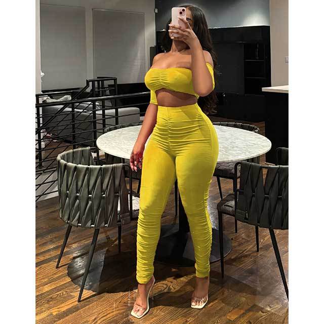 Off Shoulder Crop Top Stacked Legging Set