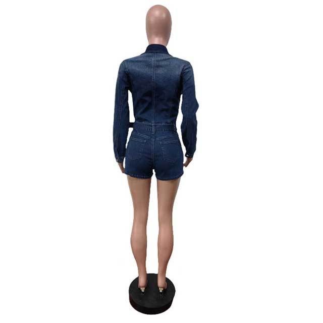 Zipper Up Belted Washed Denim Romper