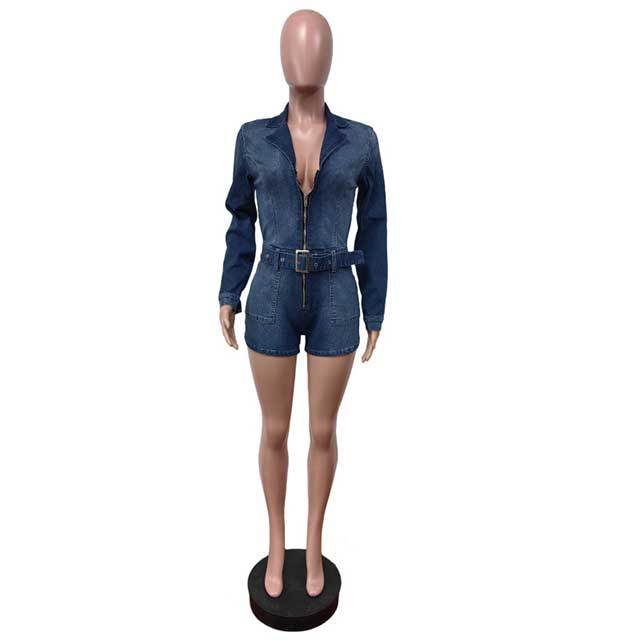 Zipper Up Belted Washed Denim Romper