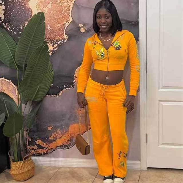 Casual Style Printed Hooded Crop Top Pants Set