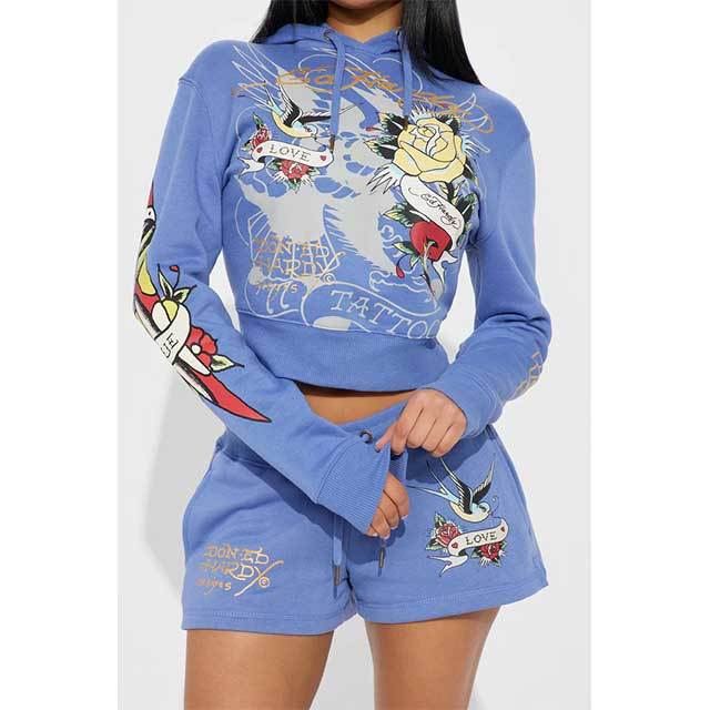 Long Sleeve Hooded Sweatshirt Printed Short Set
