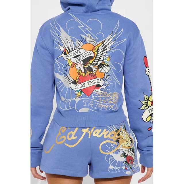 Long Sleeve Hooded Sweatshirt Printed Short Set