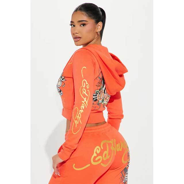 Printed Fashion Zipper Up Hooded Sweatshirt Pant Set