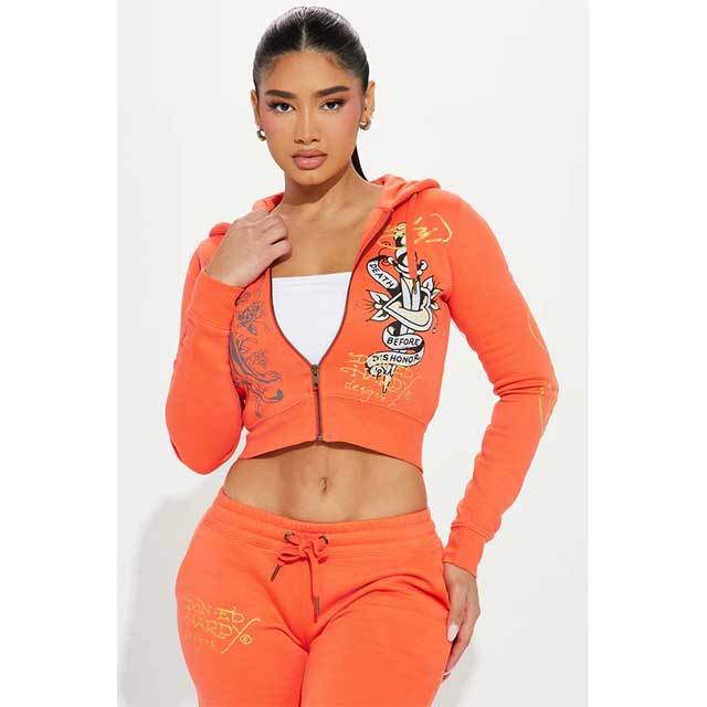 Printed Fashion Zipper Up Hooded Sweatshirt Pant Set