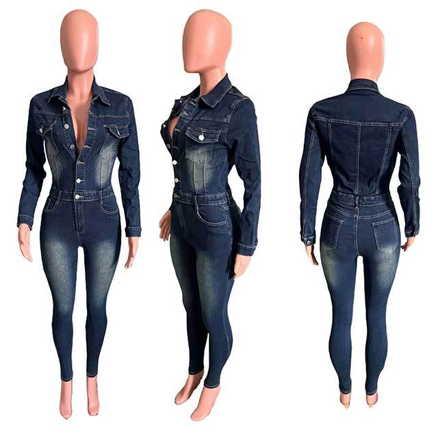 Buttons Down Washed Denim Skinny Jumpsuit