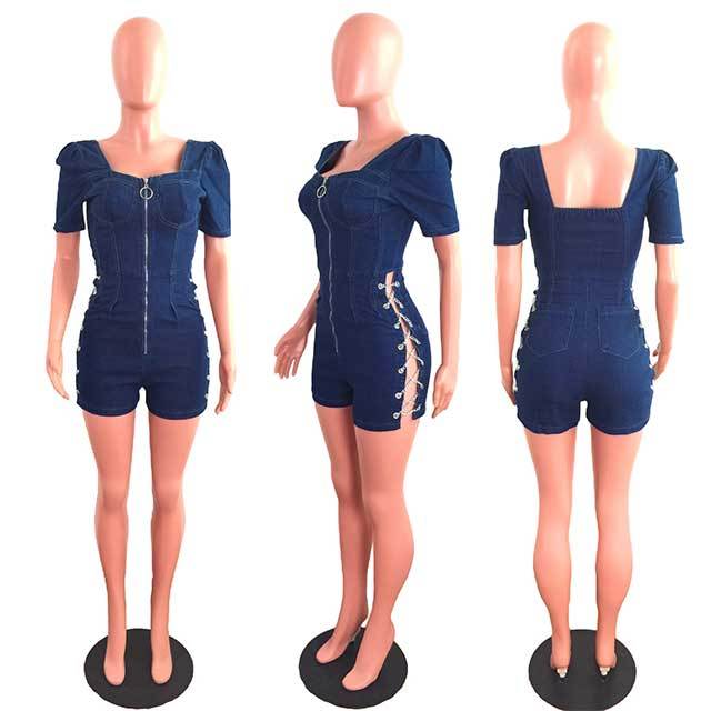 Hollow Out Eyelets Chains Denim Romper