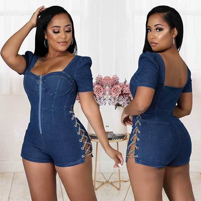 Hollow Out Eyelets Chains Denim Romper