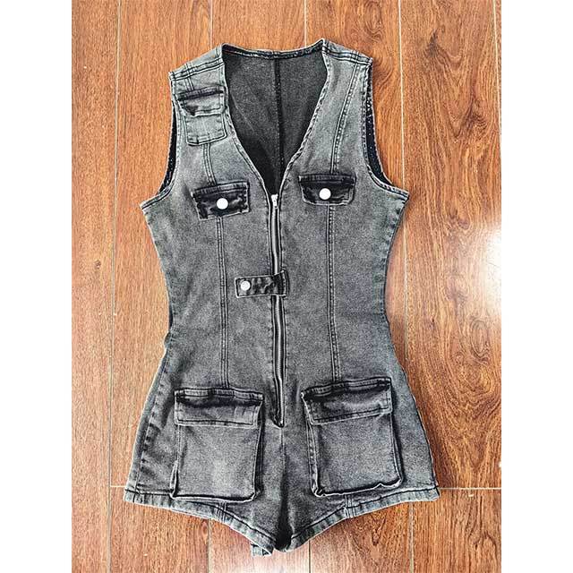 Sleeveless V Neck Zipper Up Skinny Denim Romper