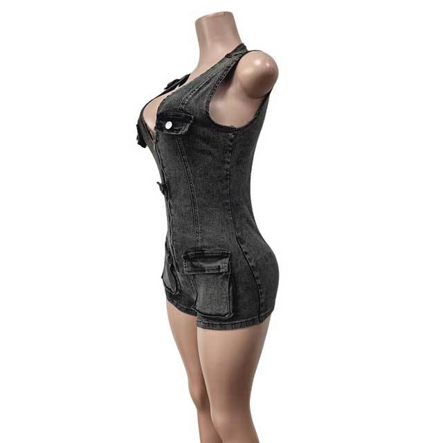 Sleeveless V Neck Zipper Up Skinny Denim Romper