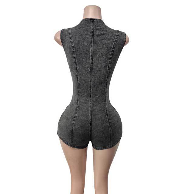 Sleeveless V Neck Zipper Up Skinny Denim Romper