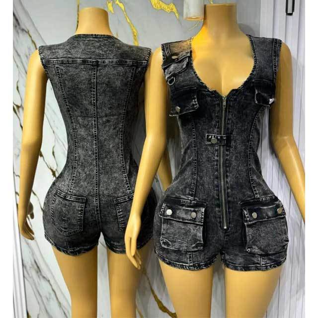Sleeveless V Neck Zipper Up Skinny Denim Romper