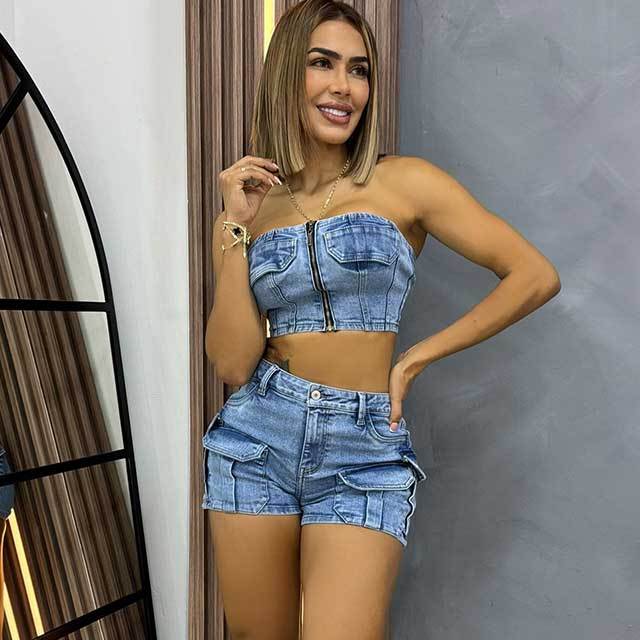 Tube Top Washed Denim Short Set