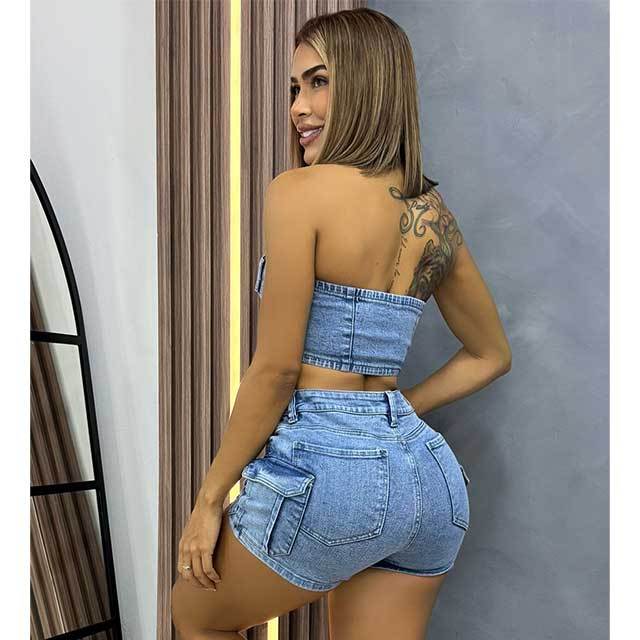 Tube Top Washed Denim Short Set