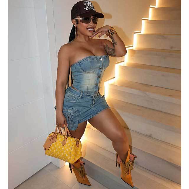 Off Shoulder Tube Top Mini Denim Skirt Set