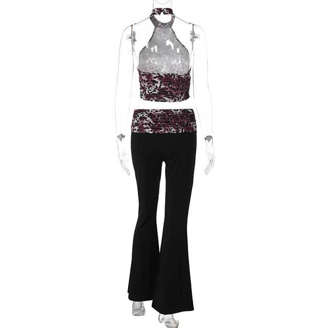 Leopard Print Halter Neck Vest Flared Pant Set