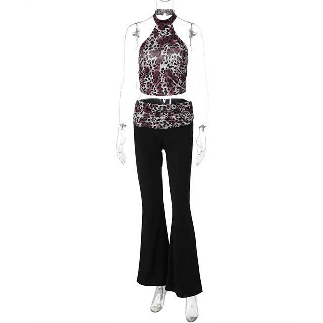 Leopard Print Halter Neck Vest Flared Pant Set