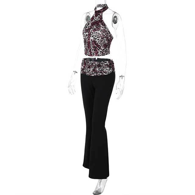 Leopard Print Halter Neck Vest Flared Pant Set