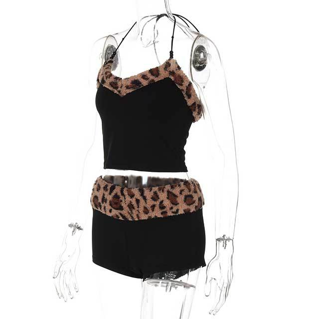 Leopard Print Patchwork Vest Slim Shorts Suit