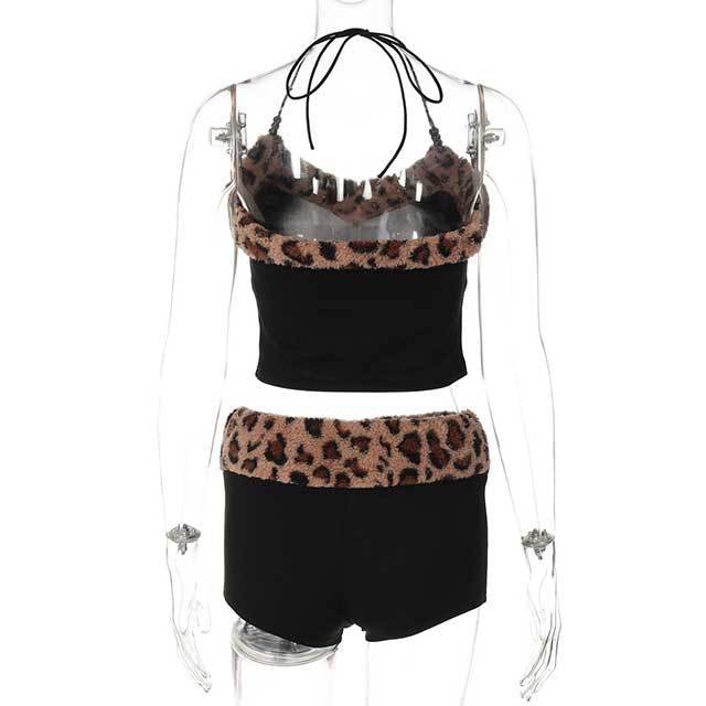 Leopard Print Patchwork Vest Slim Shorts Suit