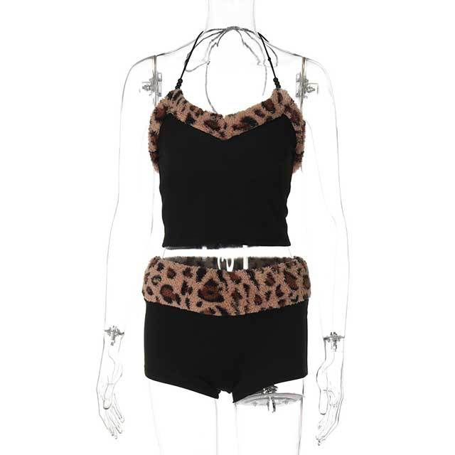 Leopard Print Patchwork Vest Slim Shorts Suit