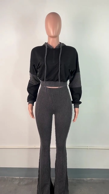 Long Sleeve Hooded Top High Waist Bell Pant Set