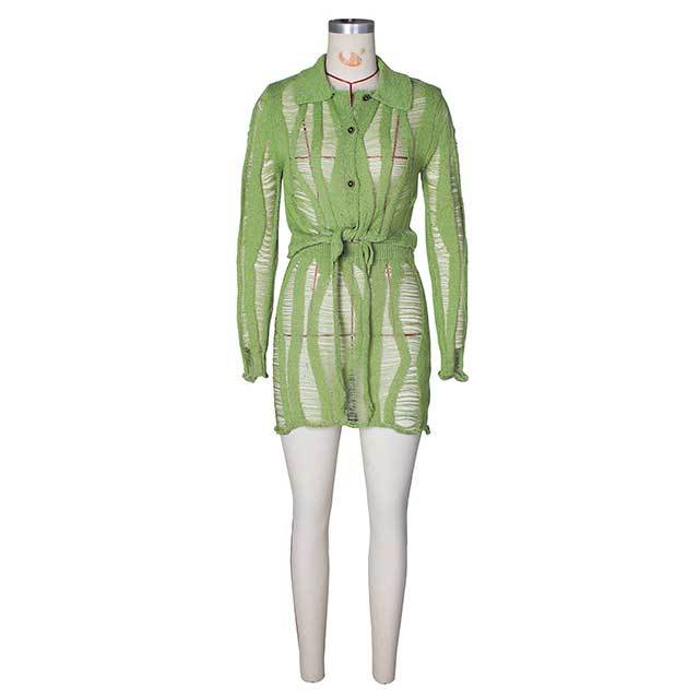 Hollow Long Sleeve Knitted Short Skirt Set