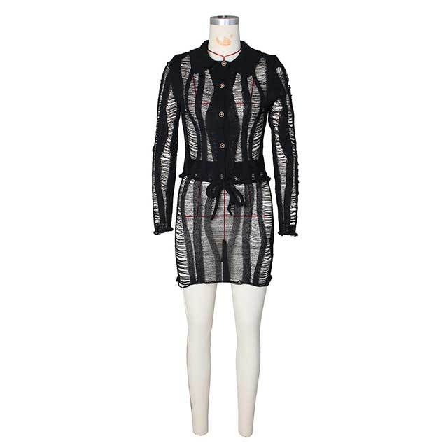 Hollow Long Sleeve Knitted Short Skirt Set