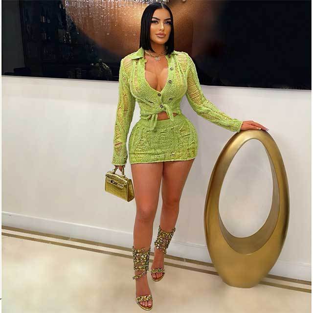 Hollow Long Sleeve Knitted Short Skirt Set