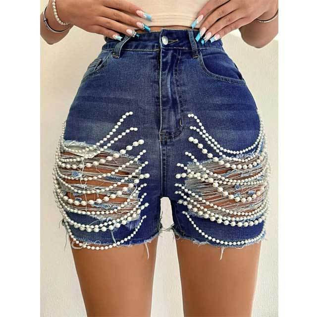 Pearl Embellished High Waist Ripped Denim Shorts